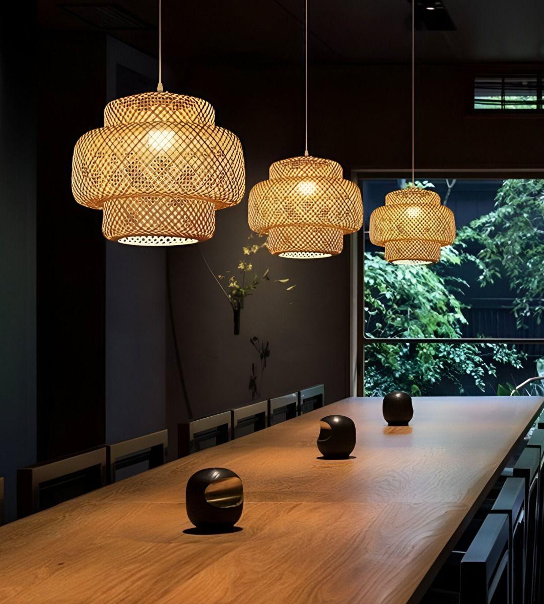 Lámpara Colgante Bambú Tejida Natural Techo Decoración Jhn-8