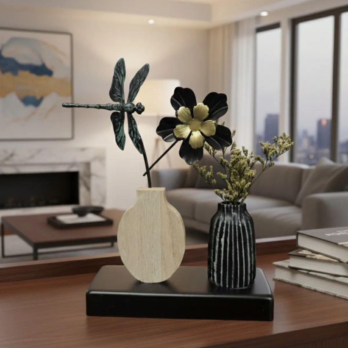 Set Decorativo Doble Vaso Minimalista Flor Libélula AJ-9