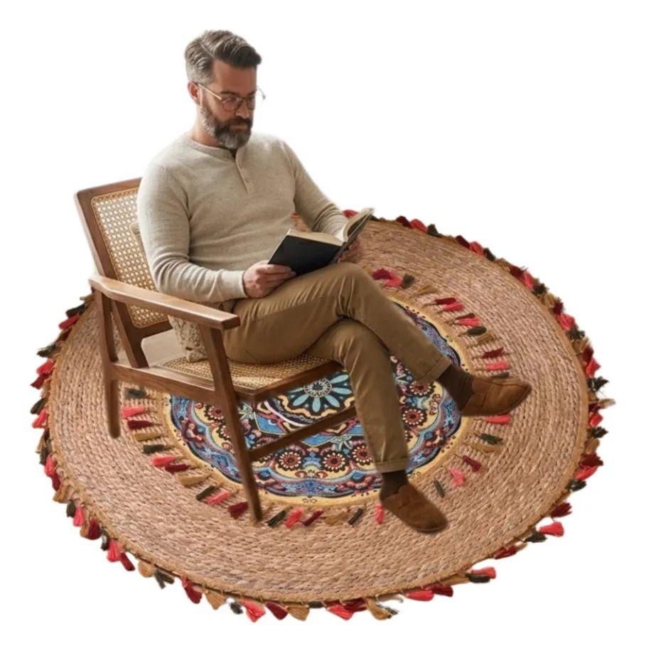 Alfombra Redonda Diseño Mandala Etnico Boho Chic Borlas ALJ-1