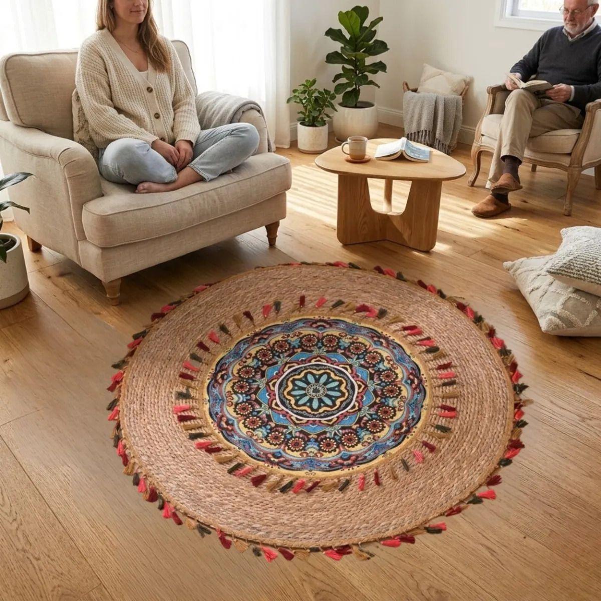 Alfombra Redonda Diseño Mandala Etnico Boho Chic Borlas ALJ-2