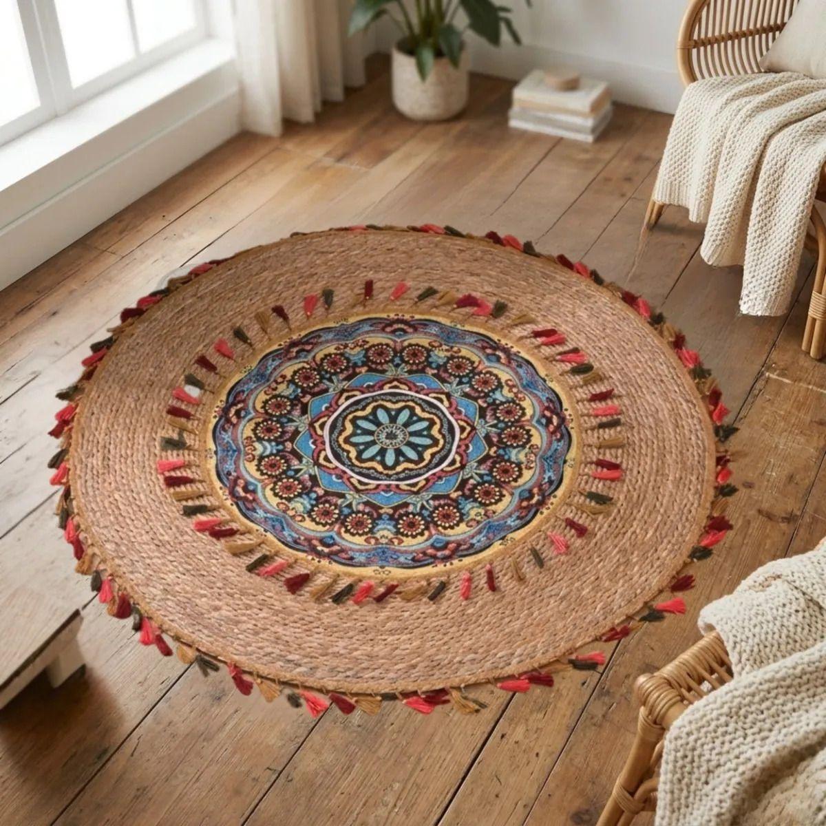 Alfombra Redonda Diseño Mandala Etnico Boho Chic Borlas ALJ-3