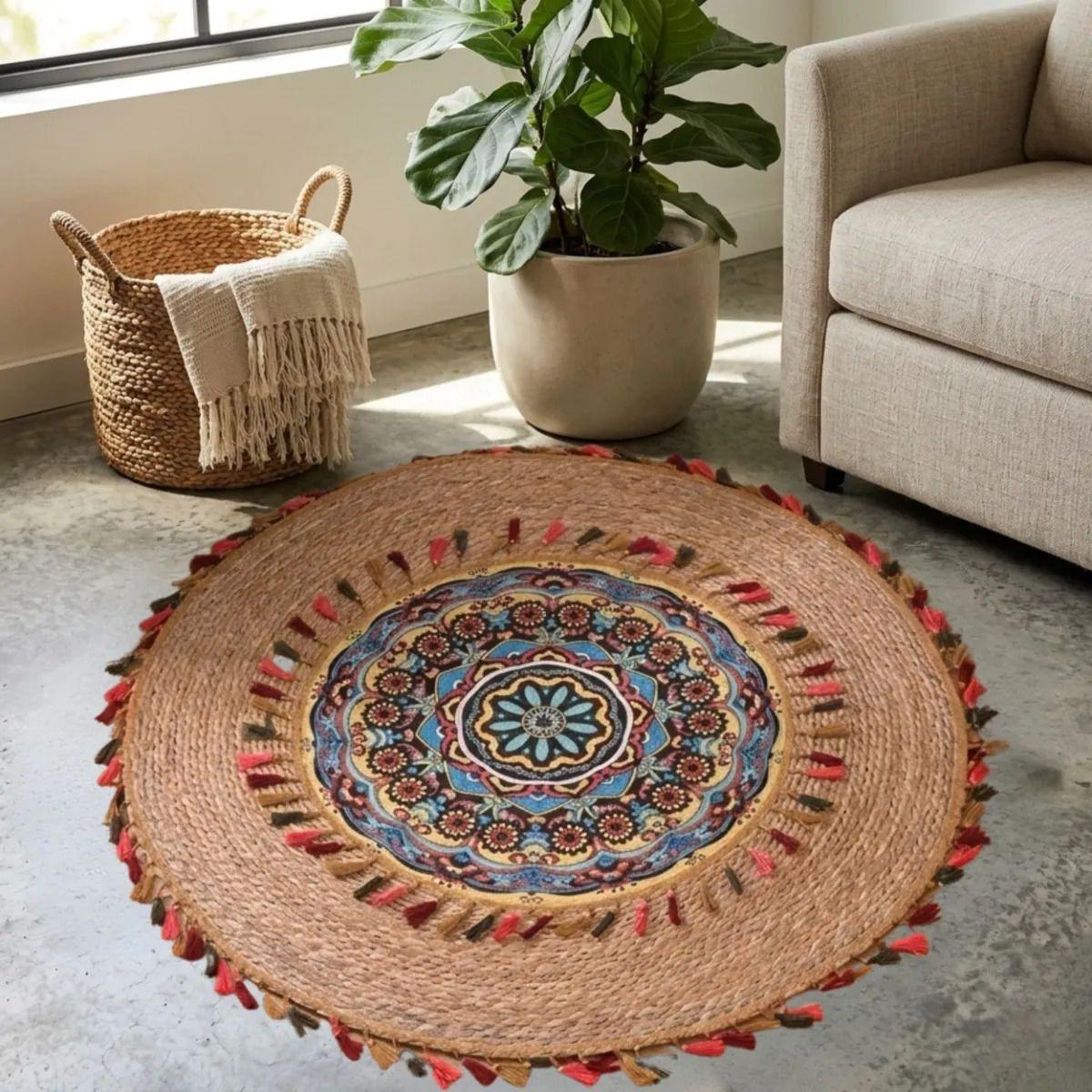 Alfombra Redonda Diseño Mandala Etnico Boho Chic Borlas ALJ-4