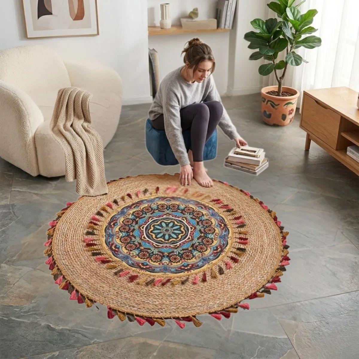 Alfombra Redonda Diseño Mandala Etnico Boho Chic Borlas ALJ-5
