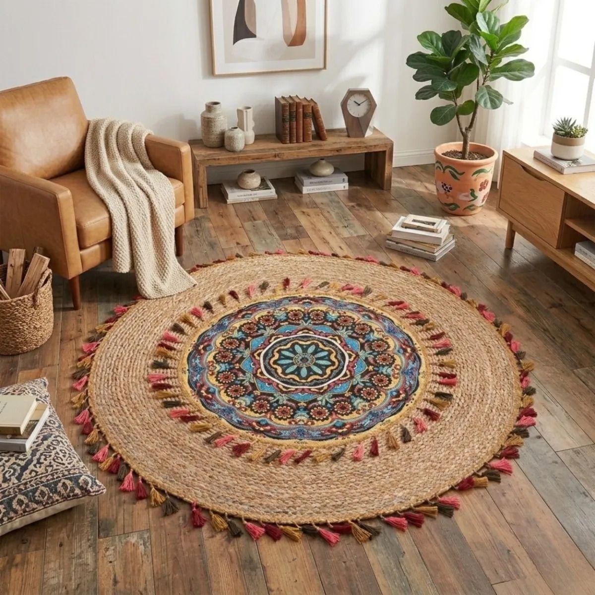 Alfombra Redonda Diseño Mandala Etnico Boho Chic Borlas ALJ-6