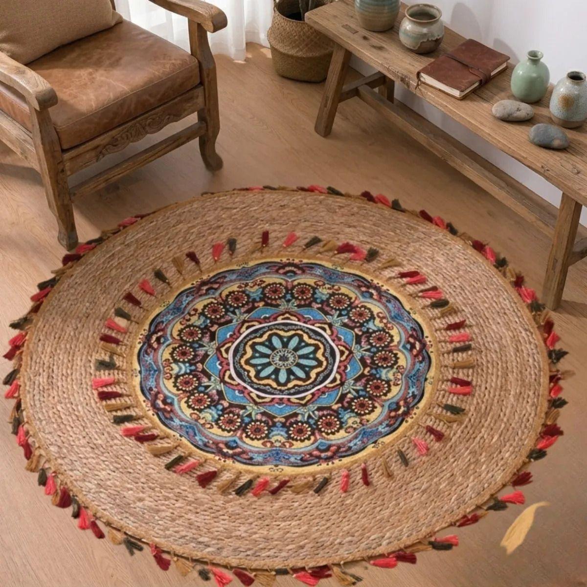 Alfombra Redonda Diseño Mandala Etnico Boho Chic Borlas ALJ-7