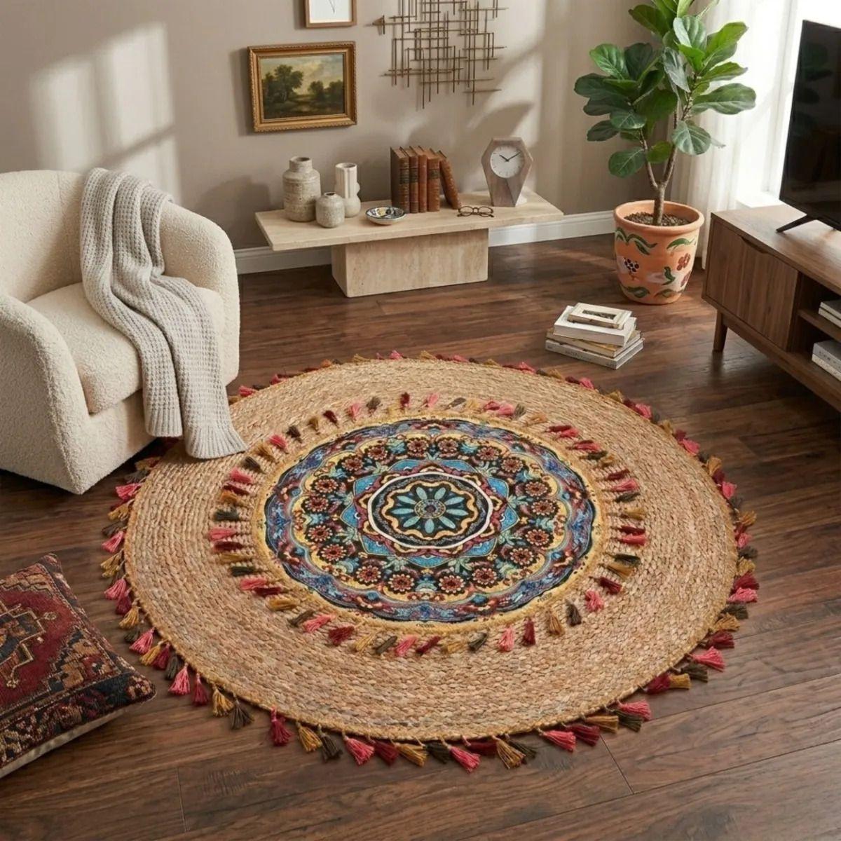 Alfombra Redonda Diseño Mandala Etnico Boho Chic Borlas ALJ-8