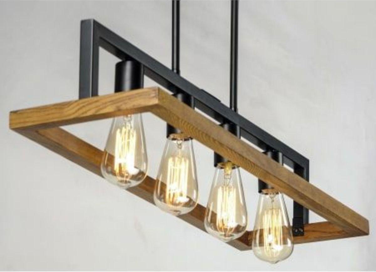 Lámpara Colgante Techo Lineal 4 Luces Metal Madera Jhn-3