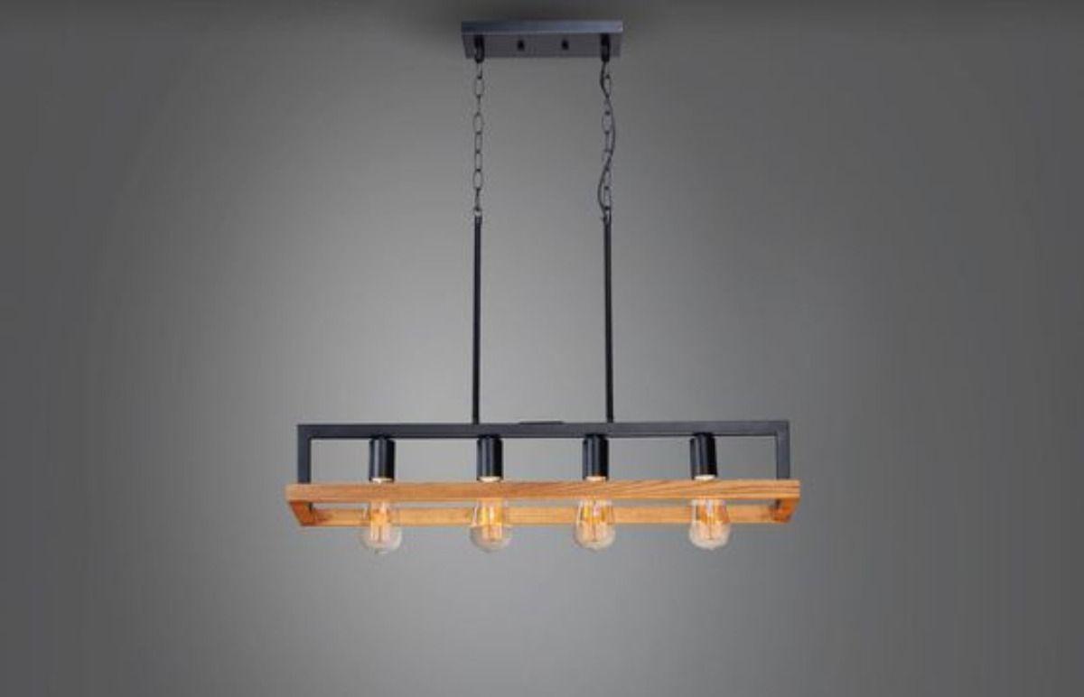 Lámpara Colgante Techo Lineal 4 Luces Metal Madera Jhn-6