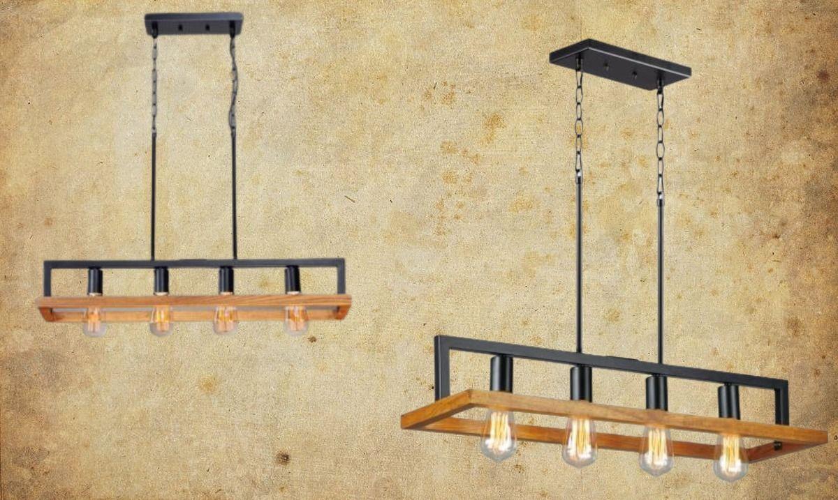 Lámpara Colgante Techo Lineal 4 Luces Metal Madera Jhn-7