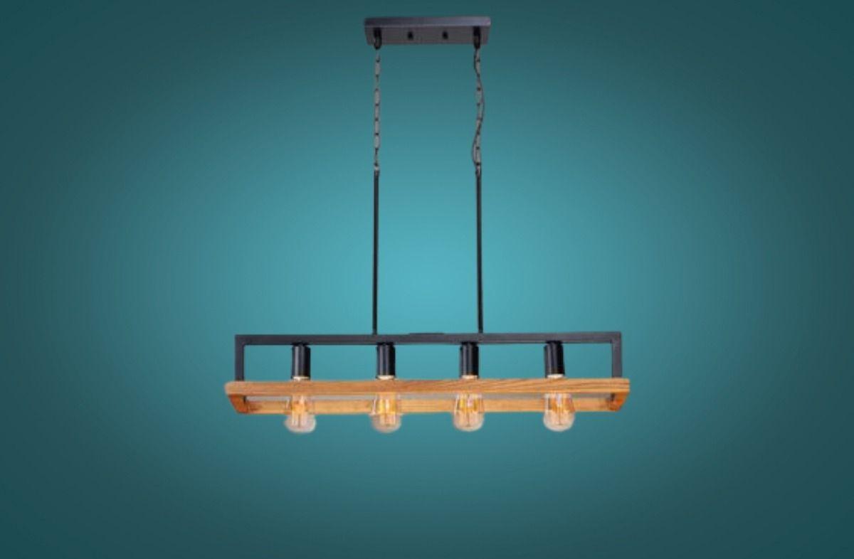 Lámpara Colgante Techo Lineal 4 Luces Metal Madera Jhn-9