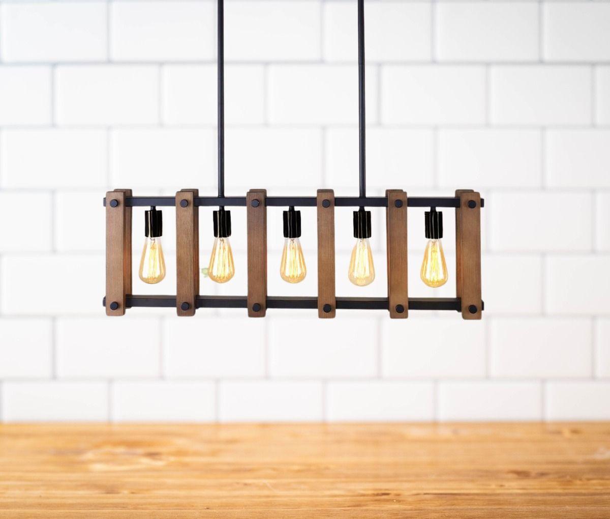 Lámpara Colgante Techo Industrial Metal Madera 5 Luces Jhn-3