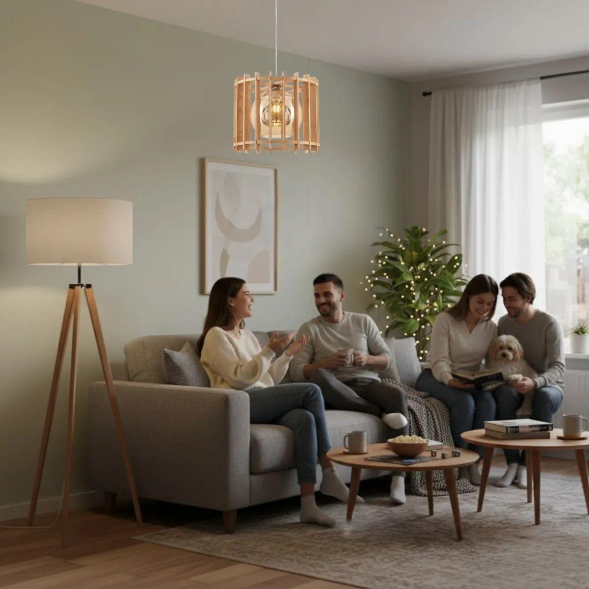Lámpara Colgante Artesanal Listones Madera Globo Cristal ALJ-2