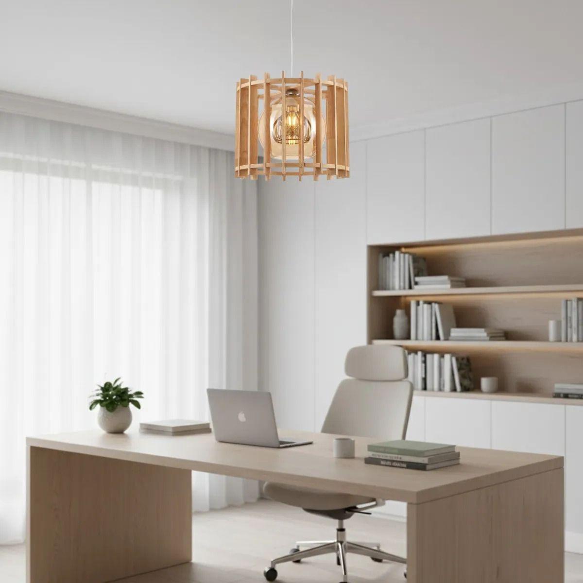 Lámpara Colgante Artesanal Listones Madera Globo Cristal ALJ-6
