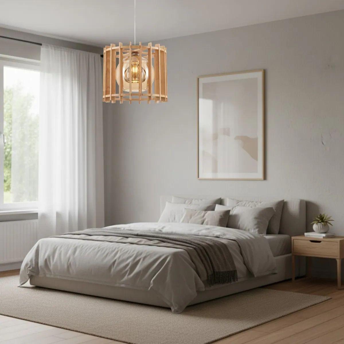 Lámpara Colgante Artesanal Listones Madera Globo Cristal ALJ-7