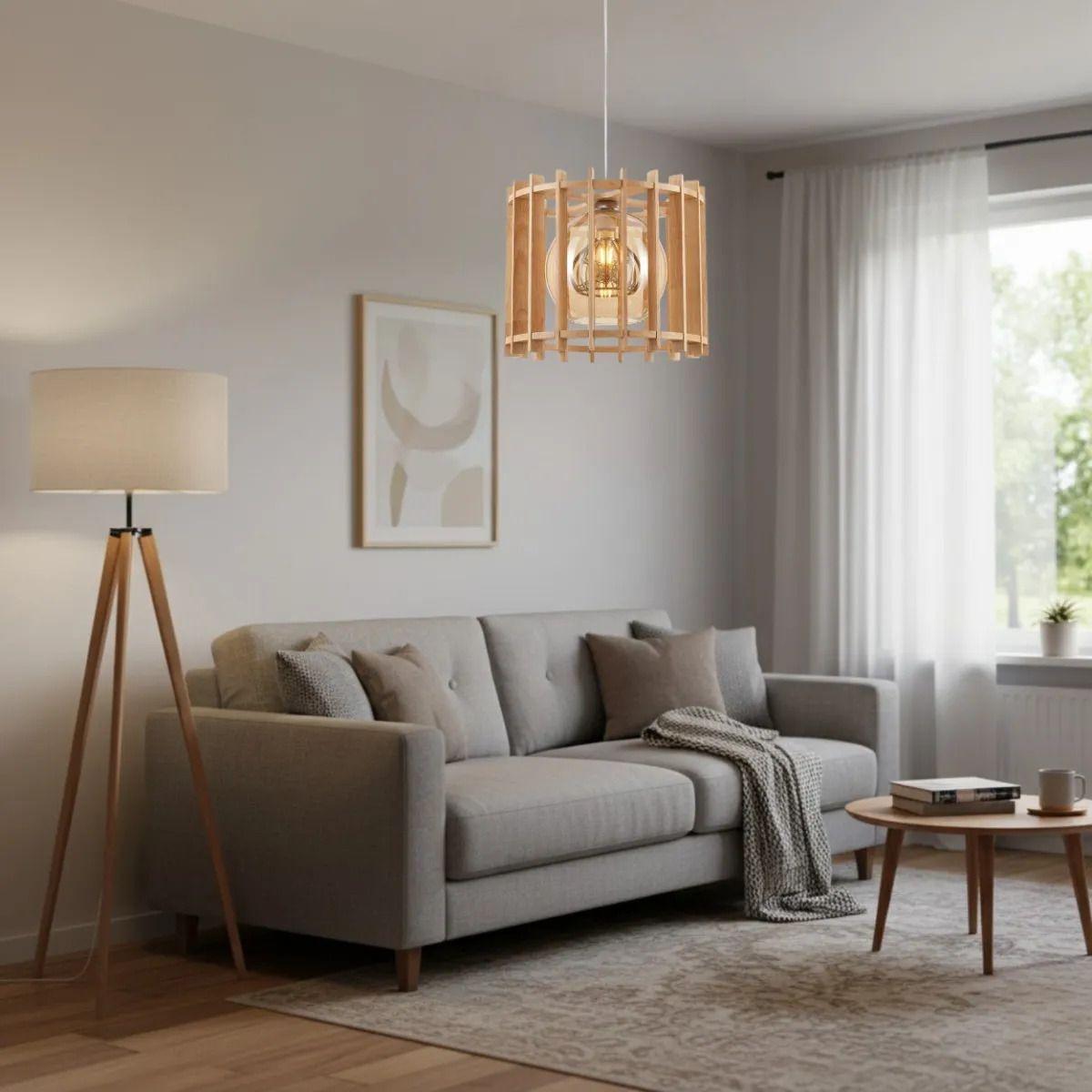 Lámpara Colgante Artesanal Listones Madera Globo Cristal ALJ-9