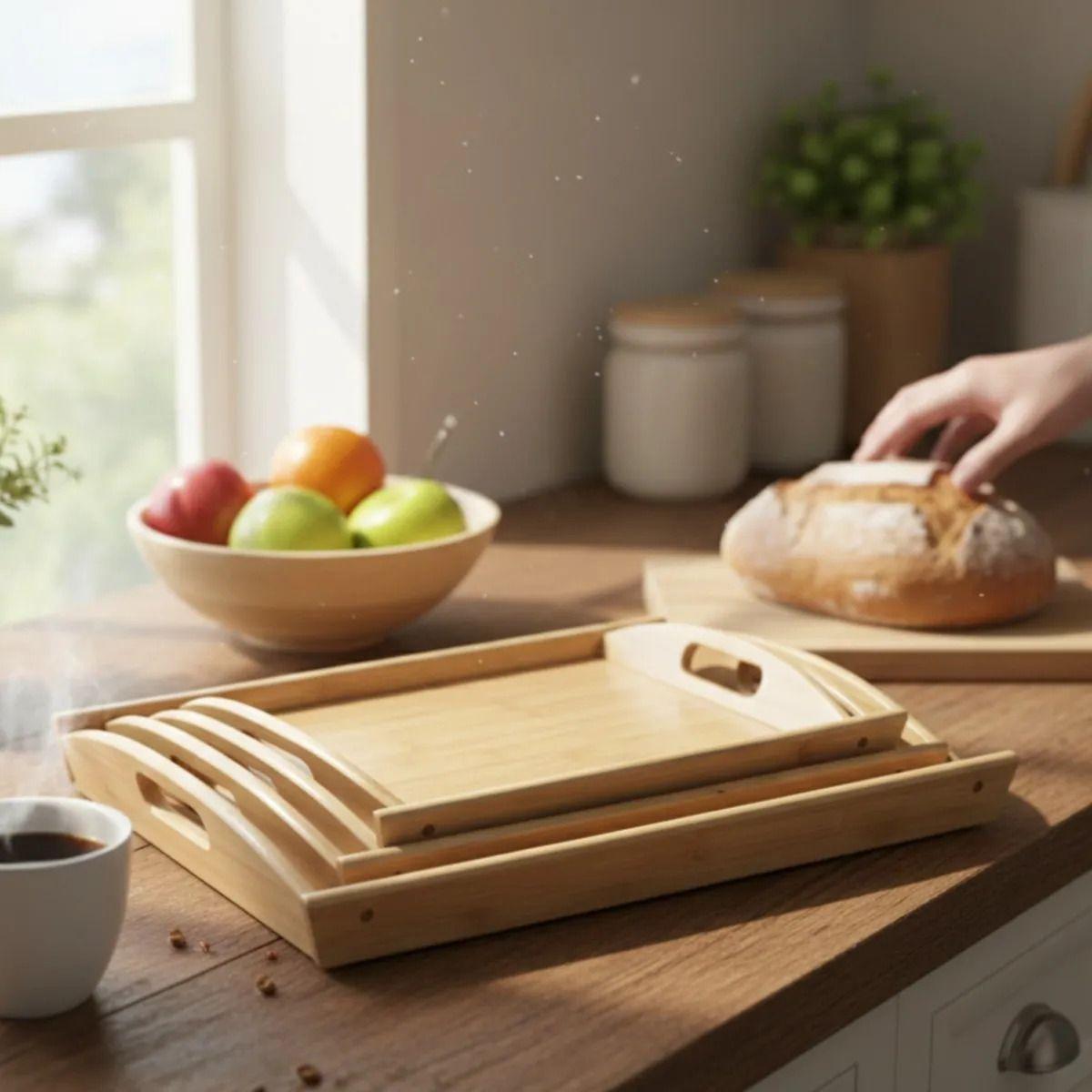 Set 3 Bandeja Decorativa Bambú Multiuso Asas Hogar Jhn-3