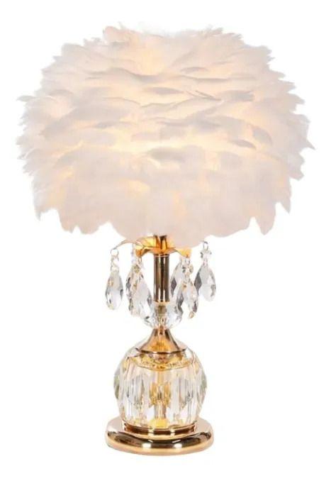 Lámpara Mesa Glamour Pantalla Plumas Cristal Elegante ALJ-0