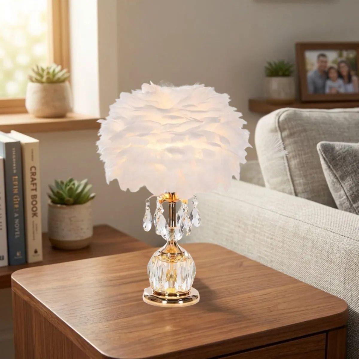 Lámpara Mesa Glamour Pantalla Plumas Cristal Elegante ALJ-4