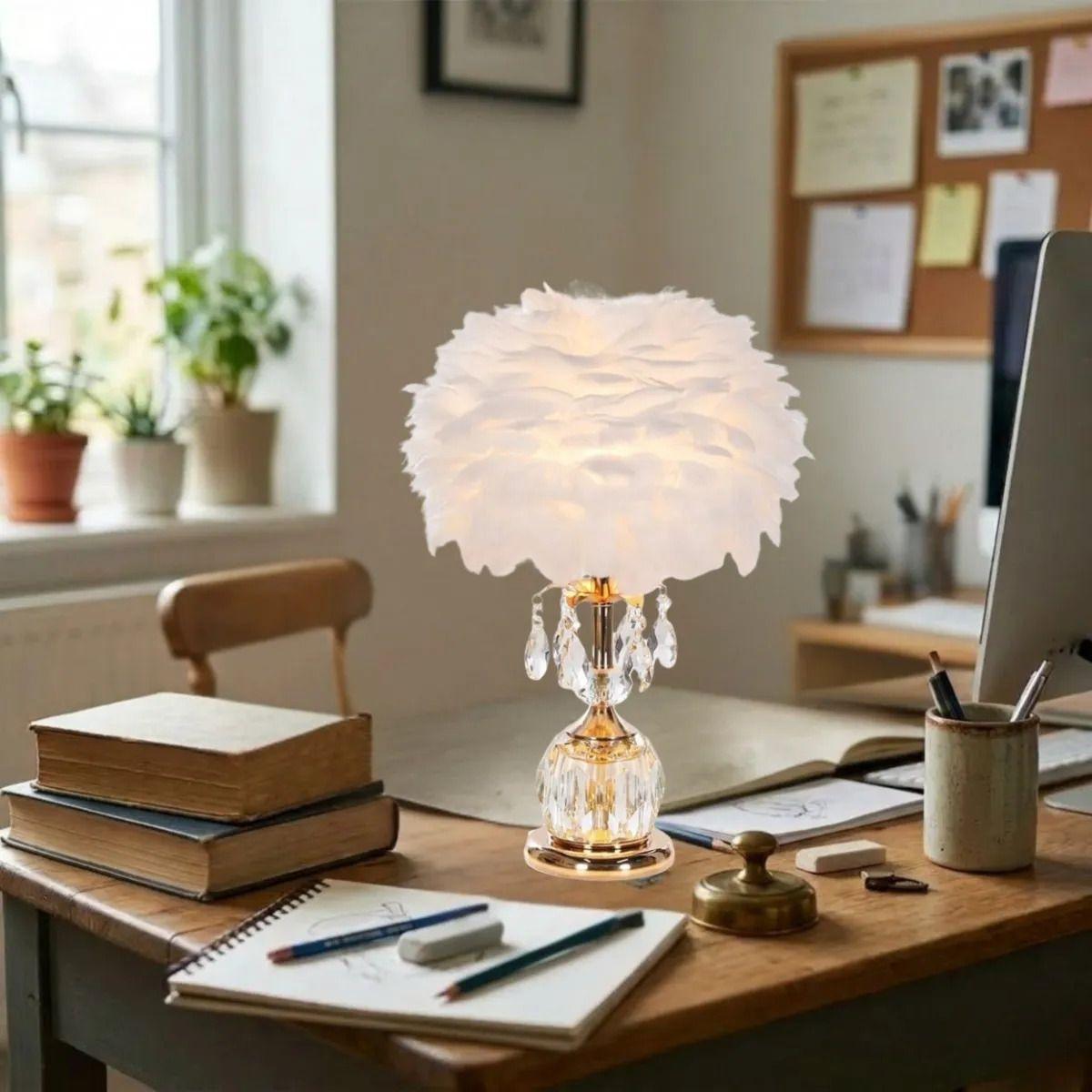 Lámpara Mesa Glamour Pantalla Plumas Cristal Elegante ALJ-8
