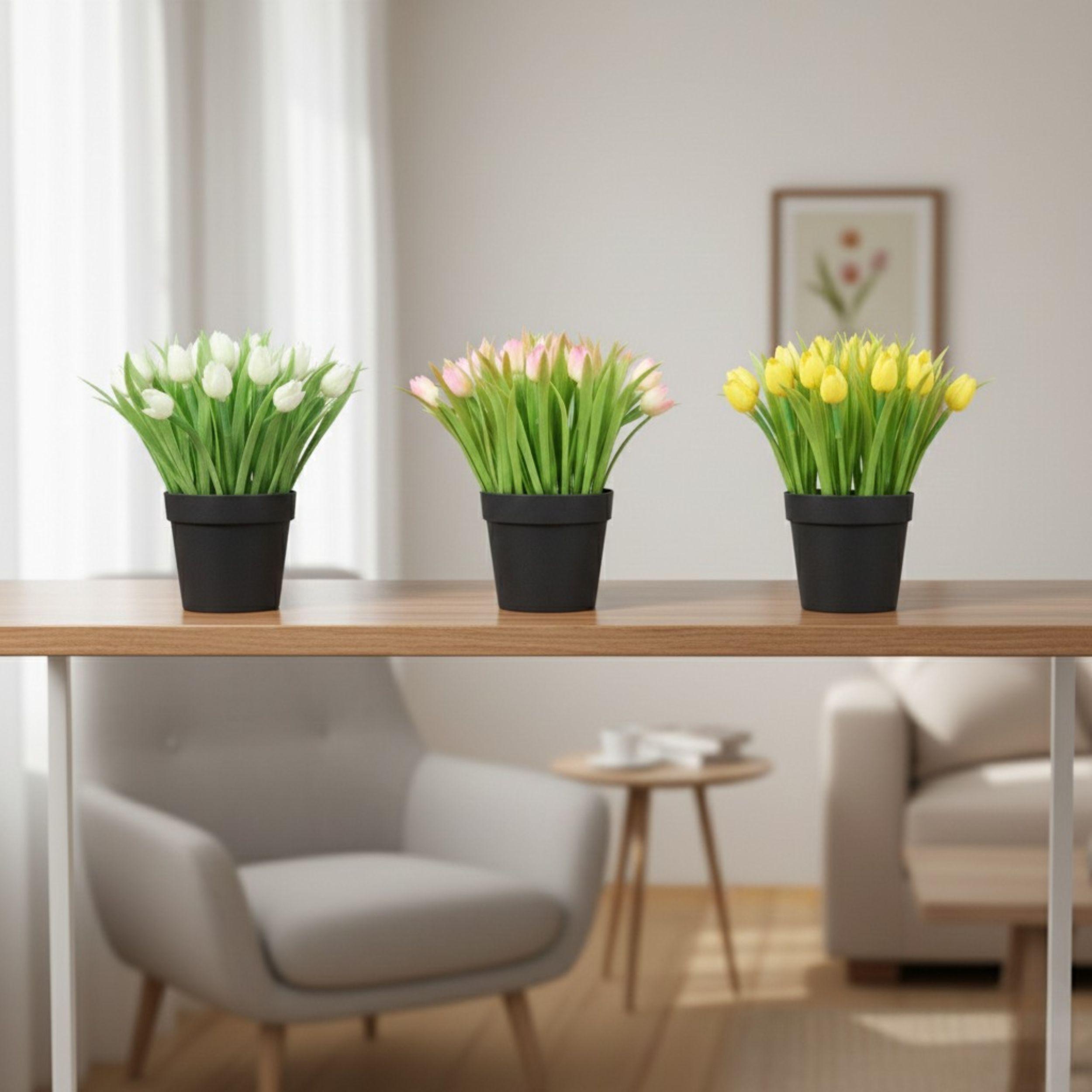 Set 2 Flores Artificiales Decorativas Tulipanes Maceta ALJ-4