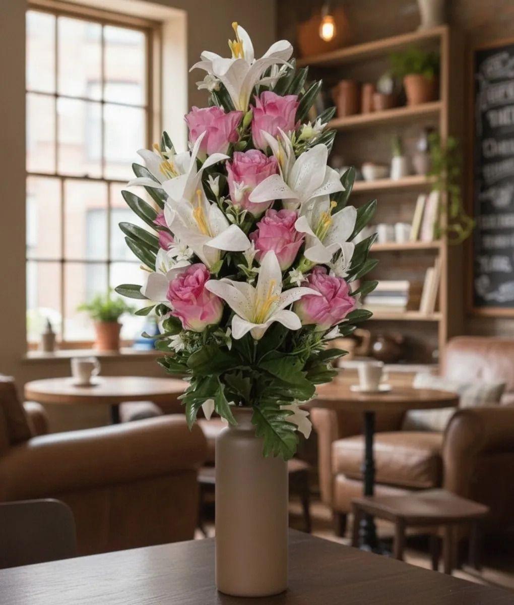 Ramo Floral Decorativo Artificial Lirios Rosas Adorno Jhn-5