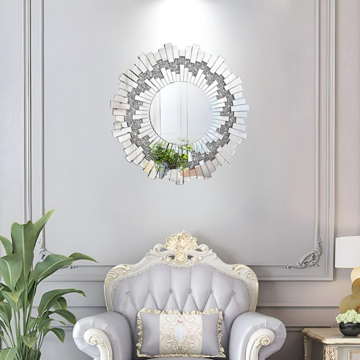 Espejo Redondo Decoración Pared Plateado Moderno Grande Jhn-0