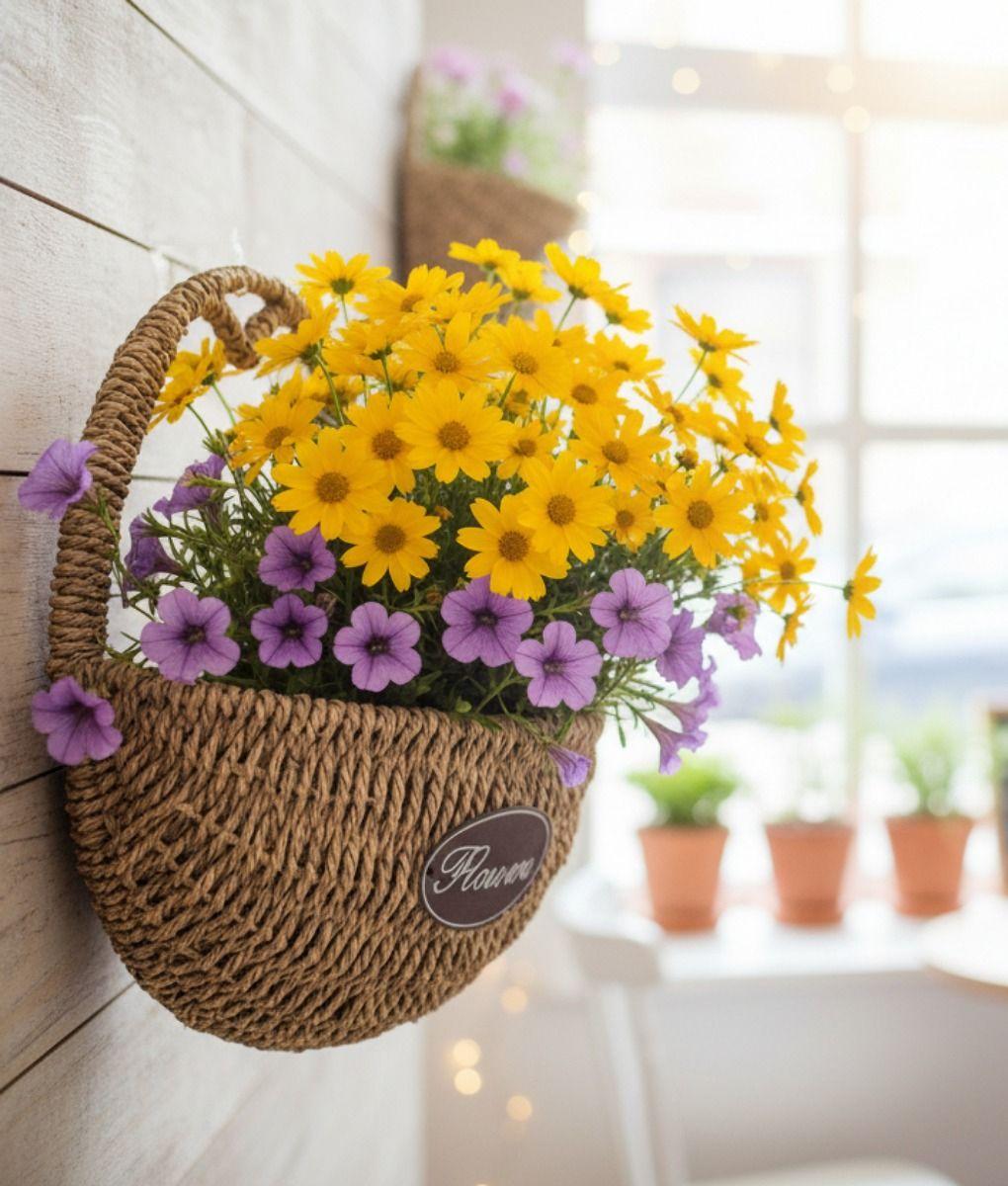 Florero Decorativo Cesta Tejida Colgante Rústico Pared Jhn-8