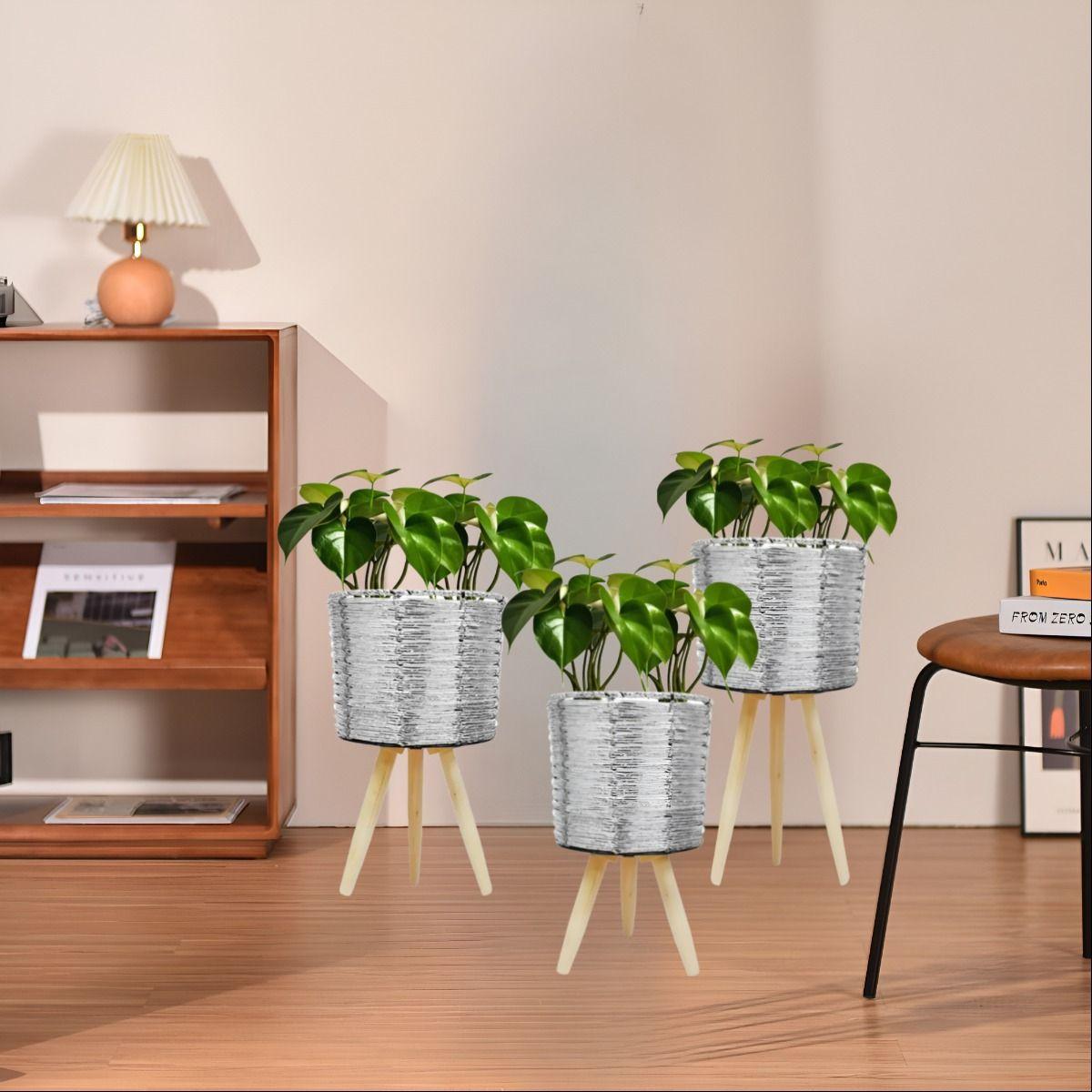 Set De 3 Maceteros Mimbre Sintético Plata Jardín Plantas Jhn-4
