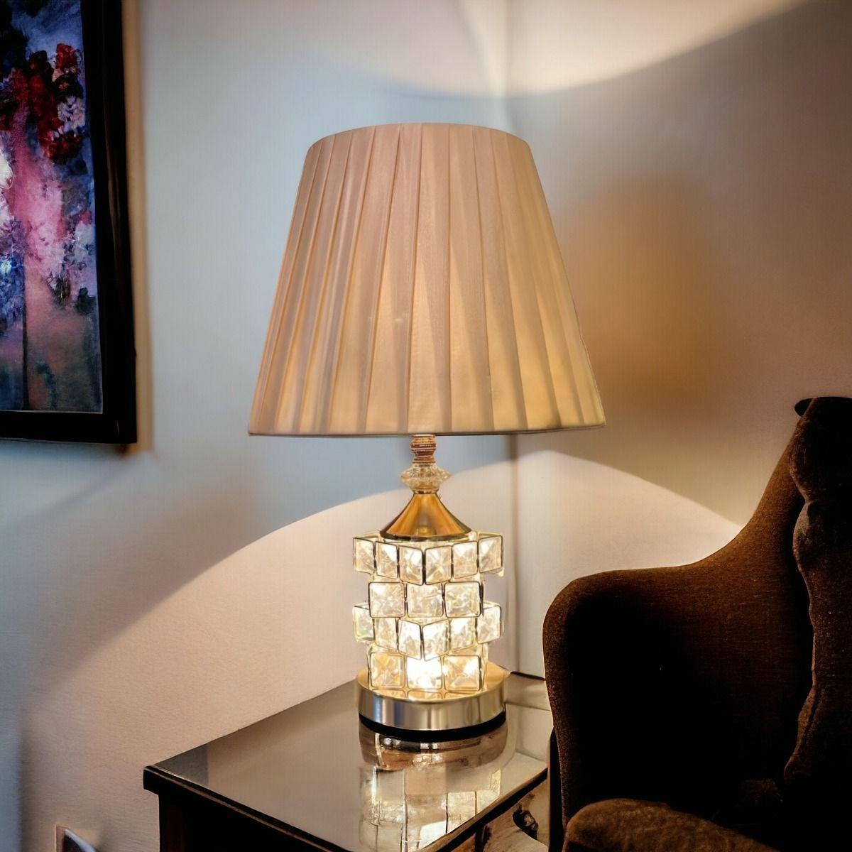 Lámpara Mesa Cristal Metal Decorativa Dorada Jhn-2