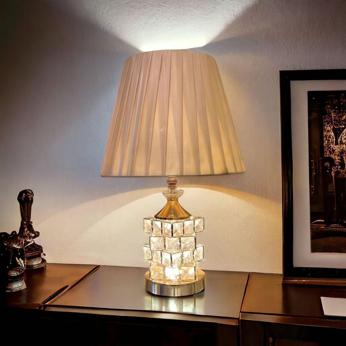 Lámpara Mesa Cristal Metal Decorativa Dorada Jhn-3