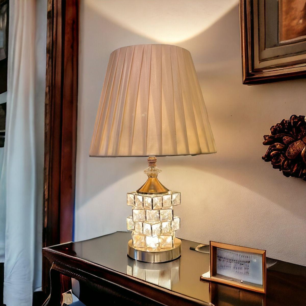 Lámpara Mesa Cristal Metal Decorativa Dorada Jhn-4