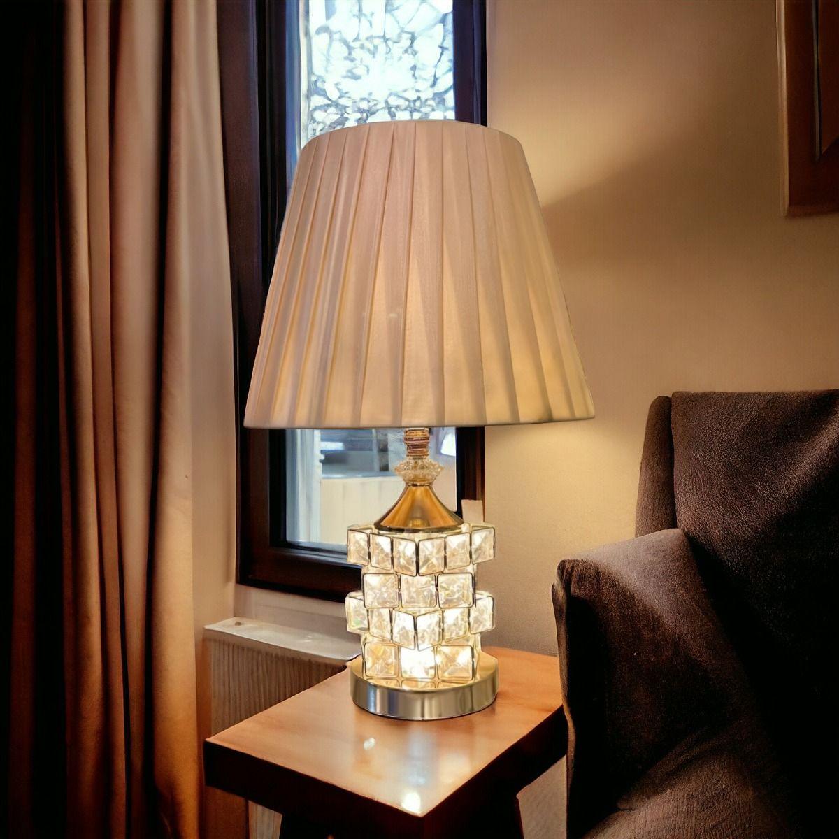 Lámpara Mesa Cristal Metal Decorativa Dorada Jhn-6