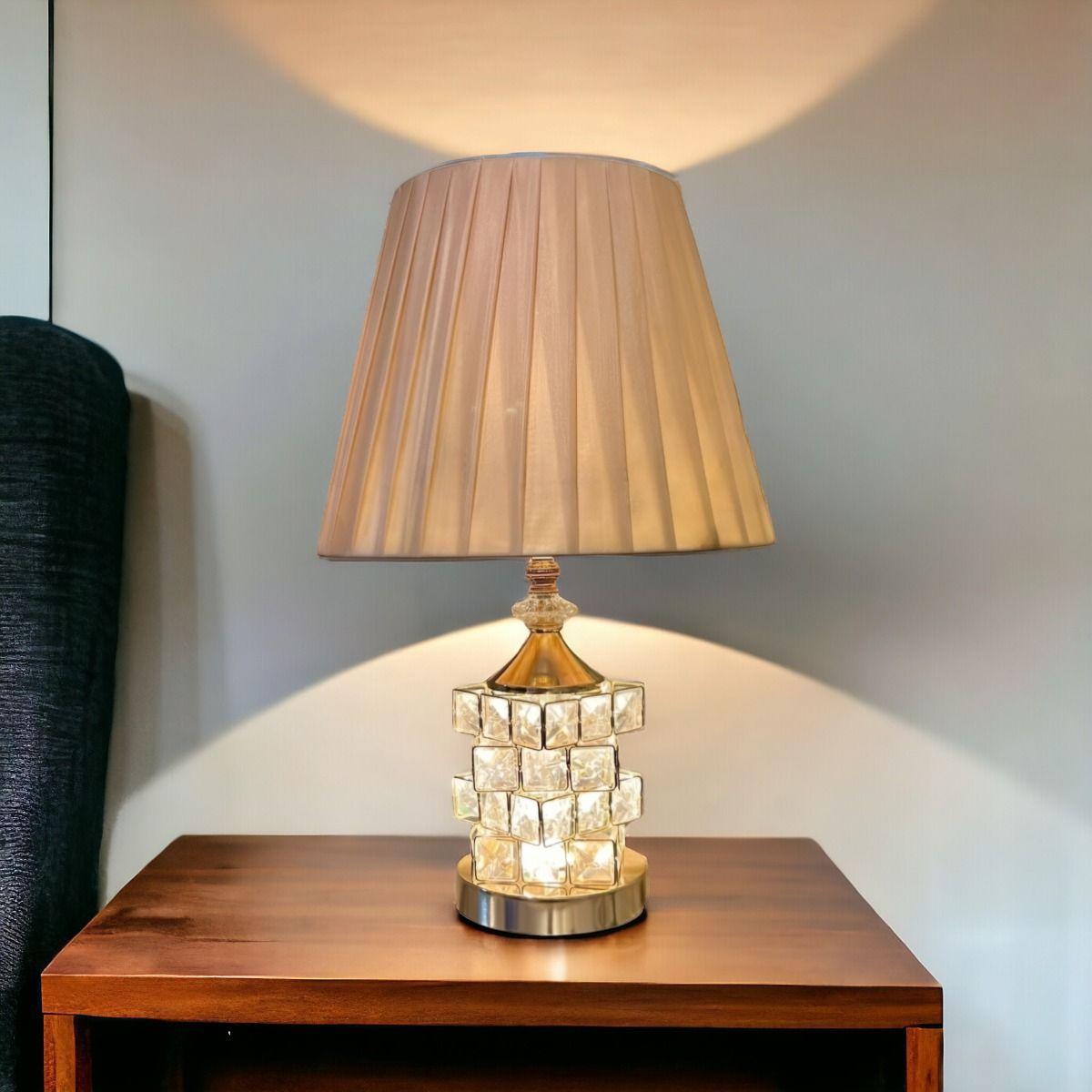 Lámpara Mesa Cristal Metal Decorativa Dorada Jhn-9