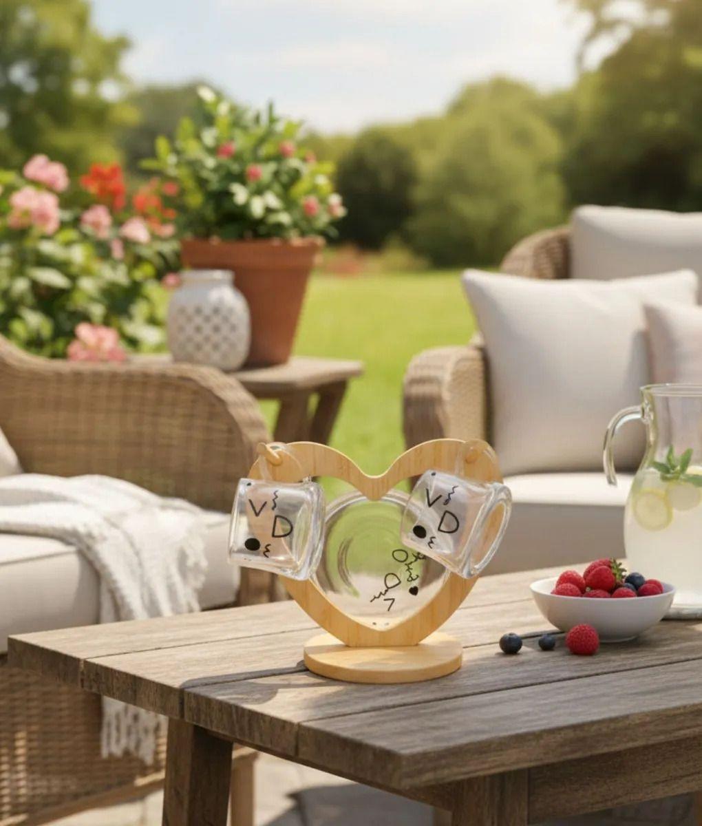 Juego Vajilla Tazas Café Soporte Bambú Diseño Corazón Jhn-8