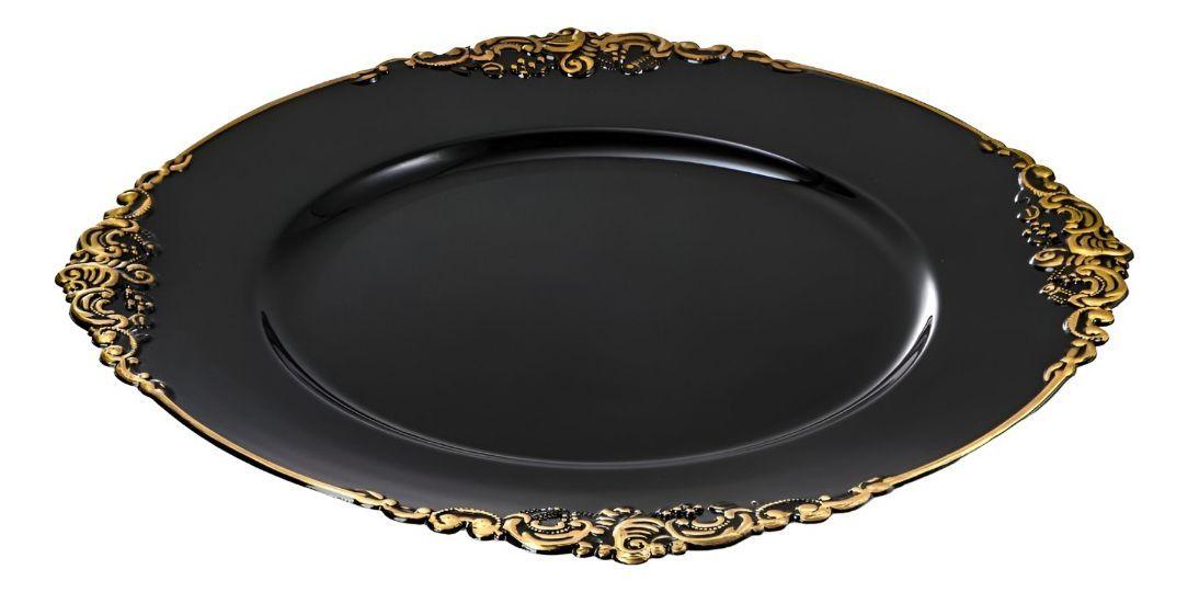 Set 3 Bajo Plato Base Negro Y Borde Dorado Decorativo Jhn-1