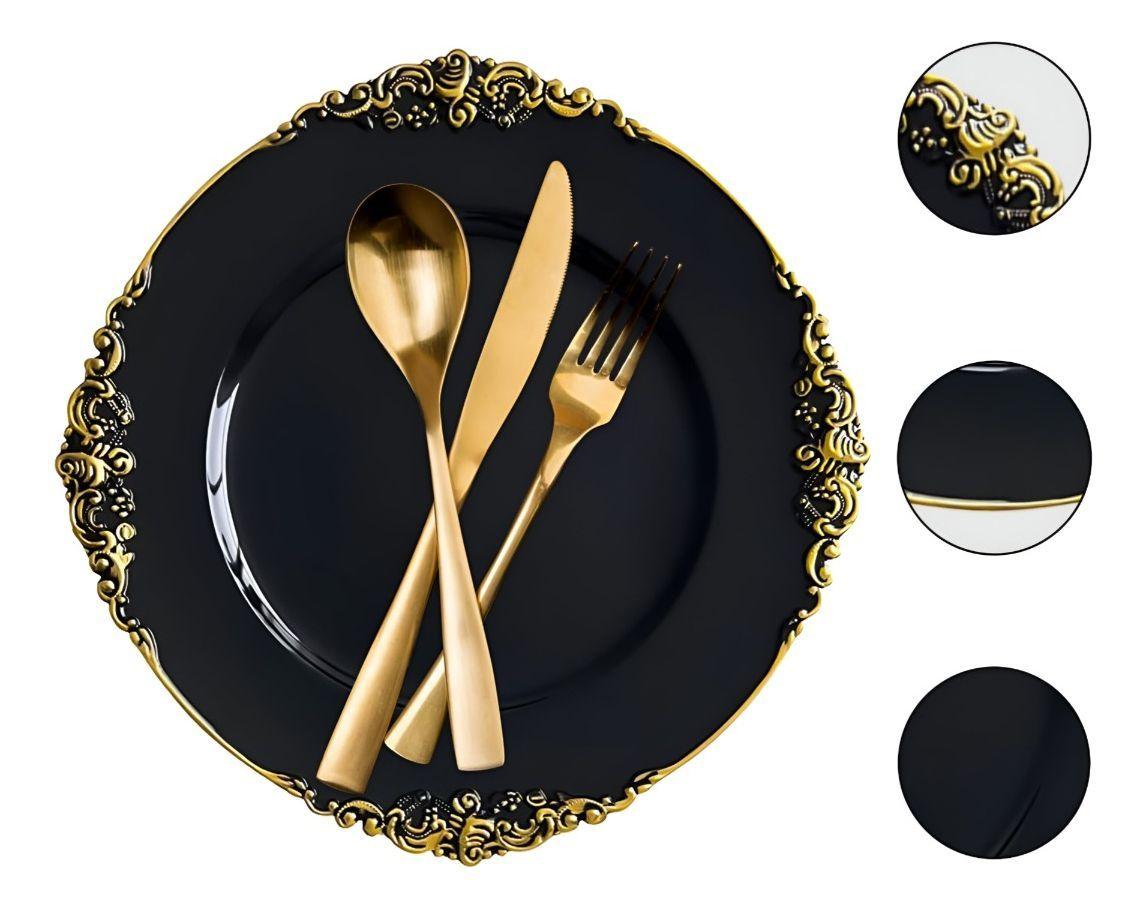 Set 3 Bajo Plato Base Negro Y Borde Dorado Decorativo Jhn-2