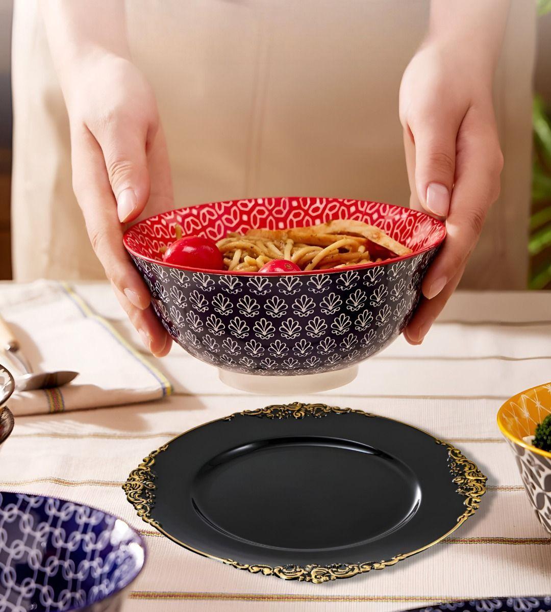 Set 3 Bajo Plato Base Negro Y Borde Dorado Decorativo Jhn-3