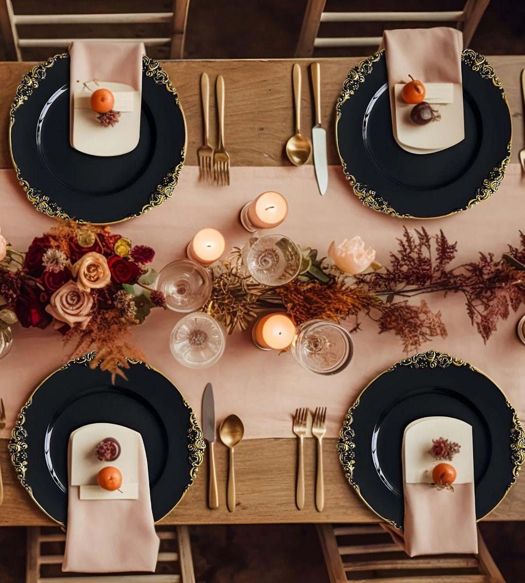 Set 3 Bajo Plato Base Negro Y Borde Dorado Decorativo Jhn-8