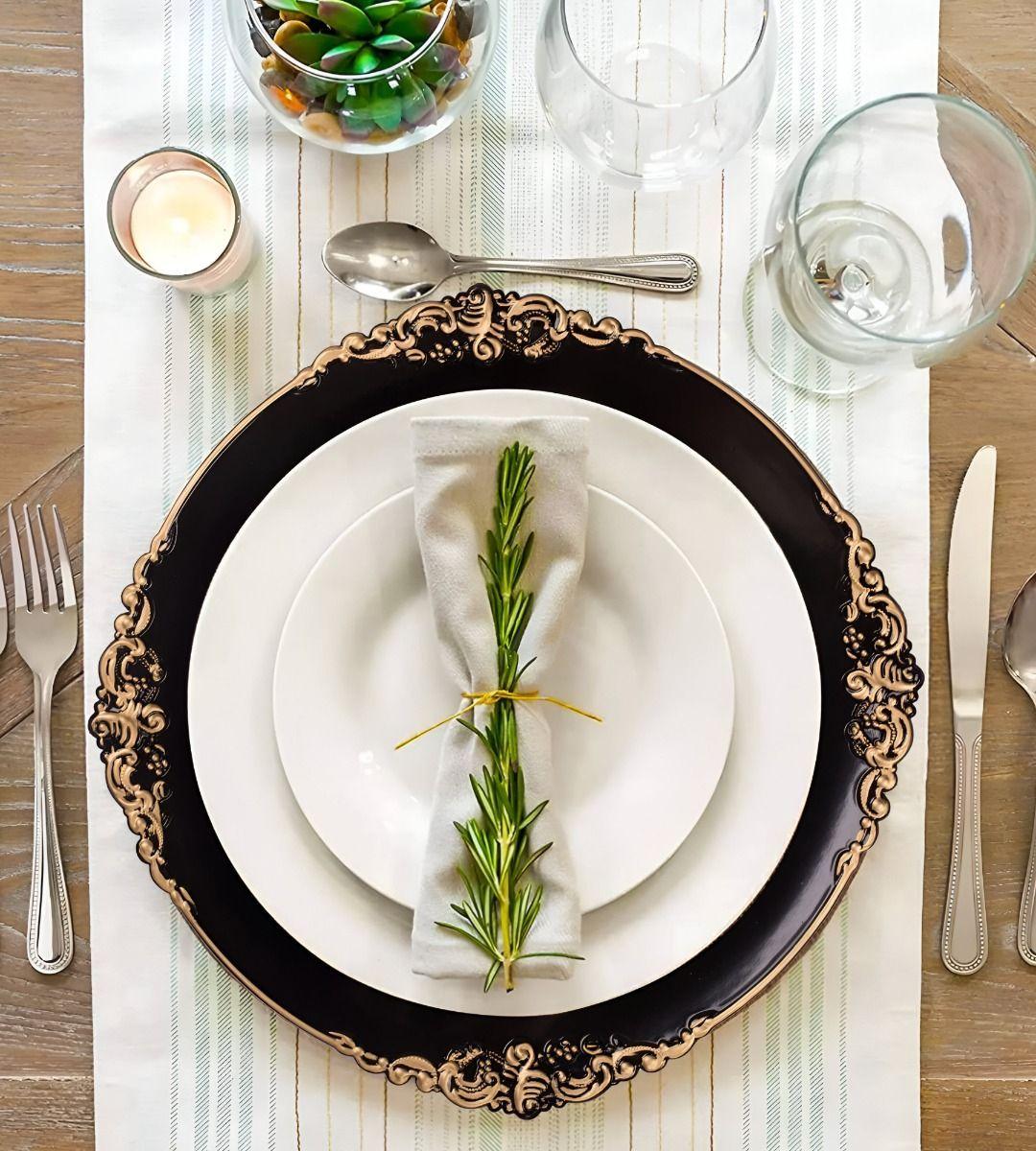 Set 3 Bajo Plato Base Negro Y Borde Dorado Decorativo Jhn-9