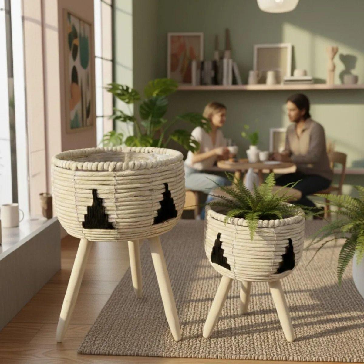 Set 2 Maceteros Artesanales Pedestal Estilo Boho Chic AJ-2