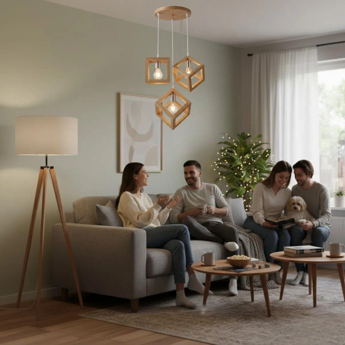 Lámpara Colgante Triple Techo Madera Cubo Geométrico ALJ-2