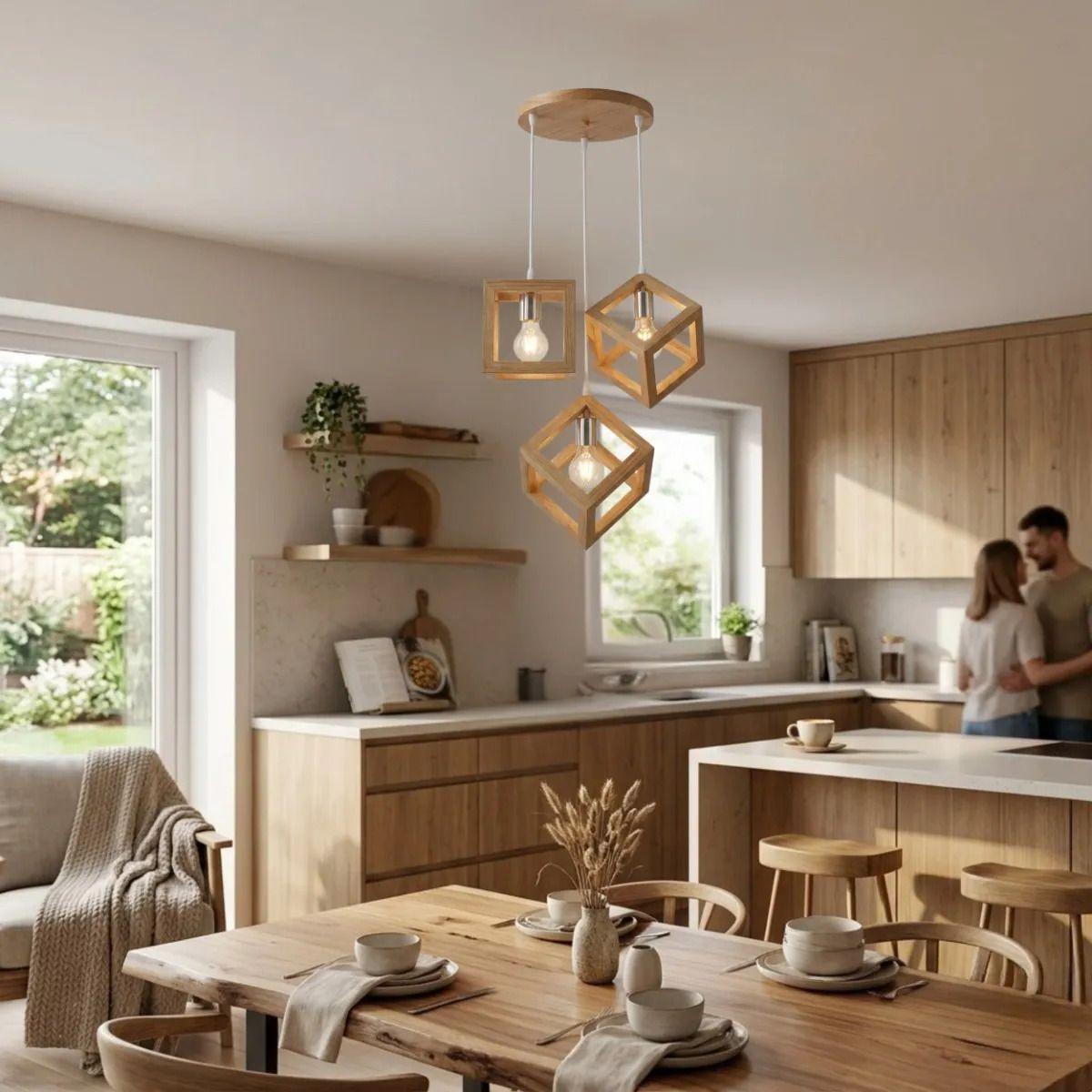 Lámpara Colgante Triple Techo Madera Cubo Geométrico ALJ-4
