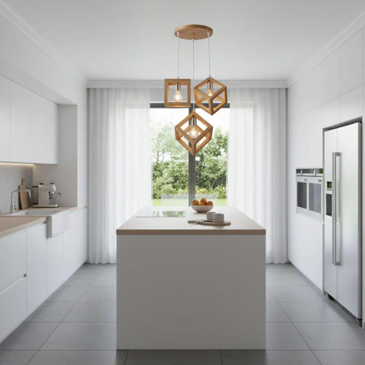 Lámpara Colgante Triple Techo Madera Cubo Geométrico ALJ-5