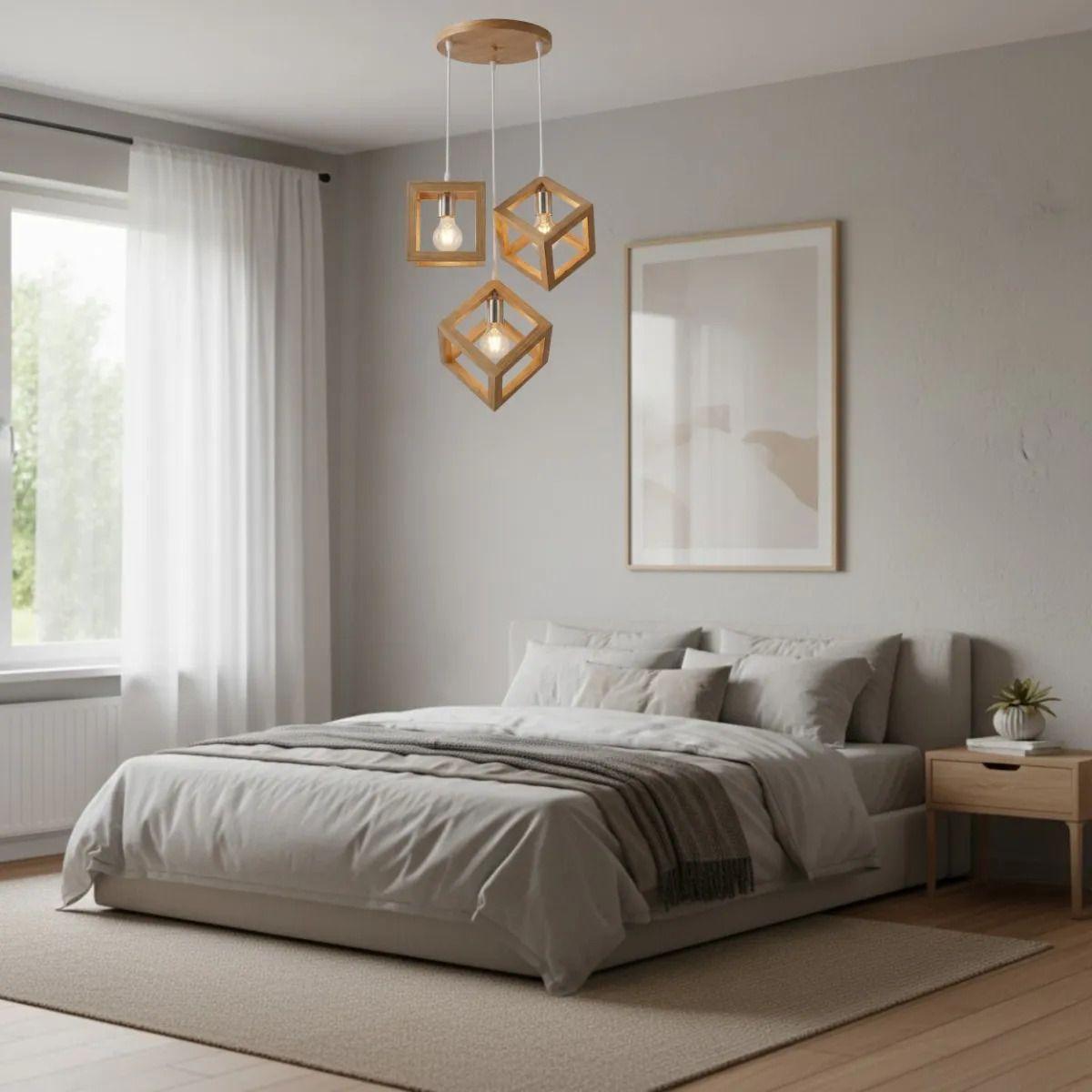 Lámpara Colgante Triple Techo Madera Cubo Geométrico ALJ-7
