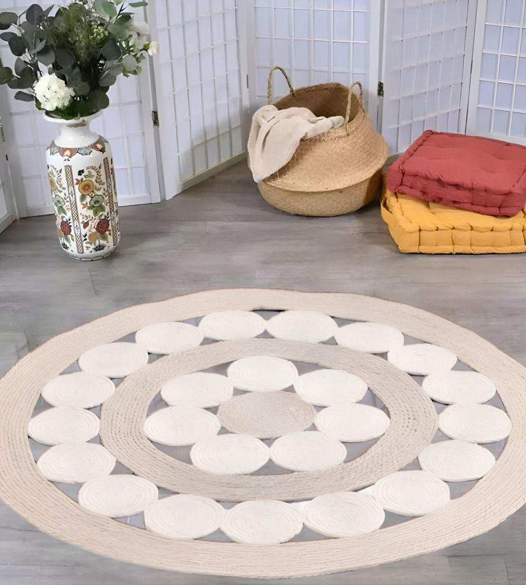 Alfombra Yute Bicolor Círculos Calada Decorativa Jhn-9