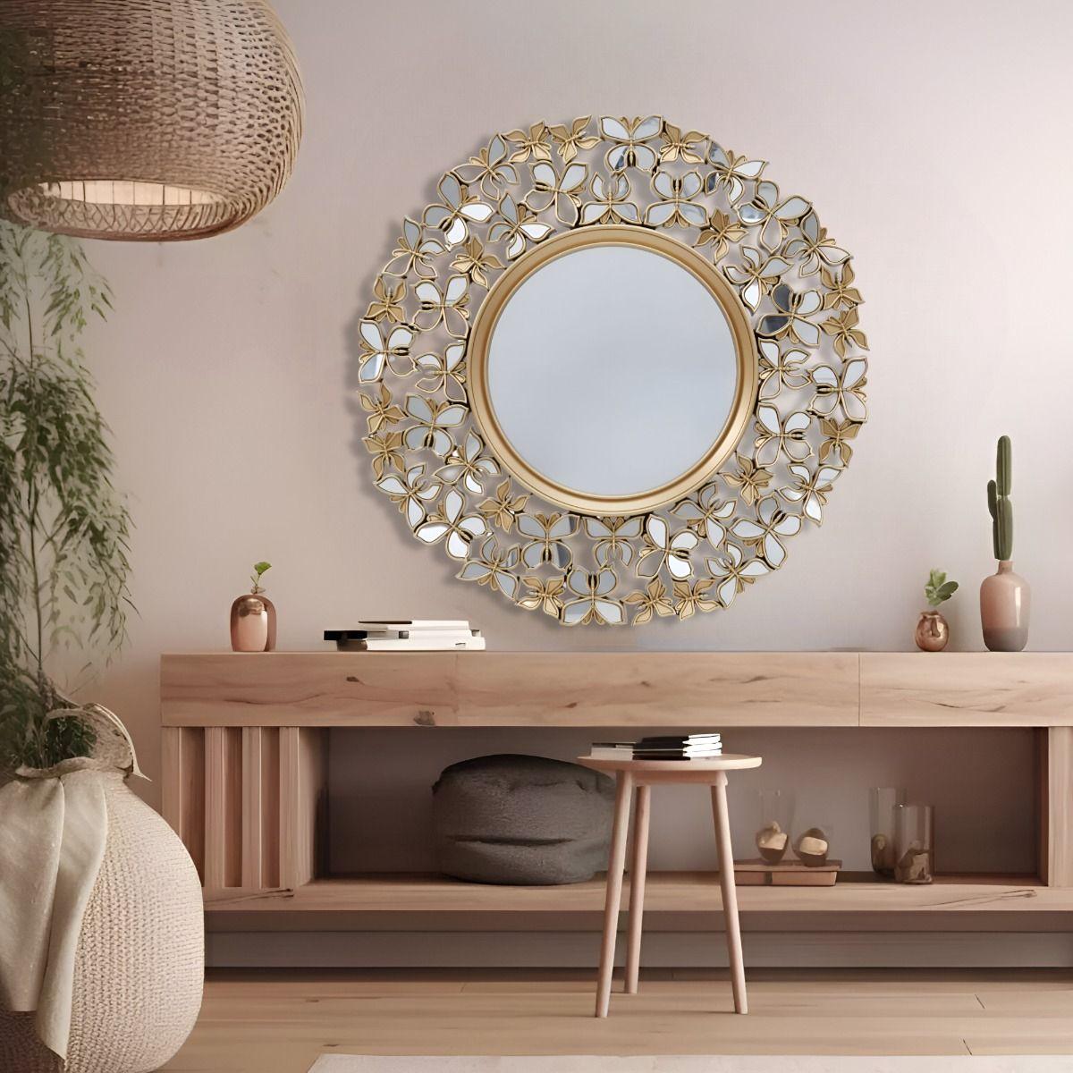 Espejo Decorativo Marco Dorado Mariposas Redondo 60cm Jhn-8