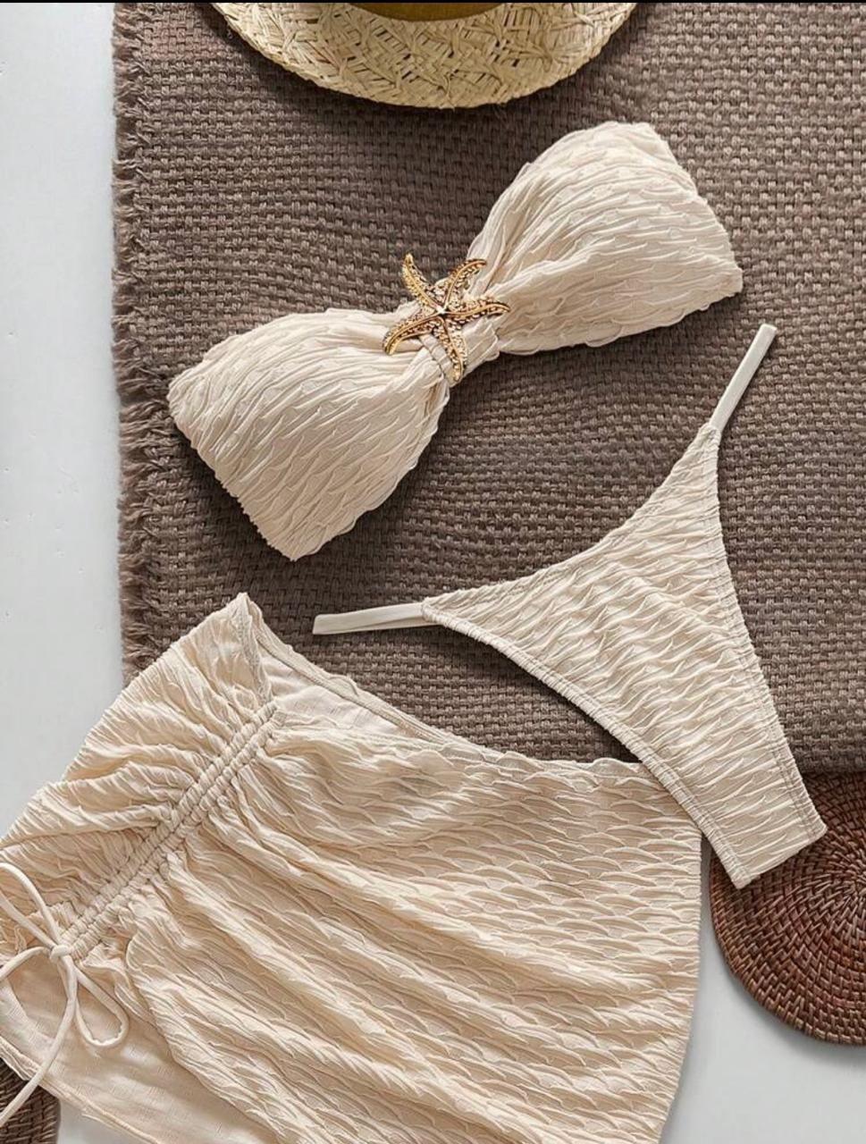 Bikini Set 3 Piezas Beie Strapless Con Estrella De Mar Y Falda Texturizada-2