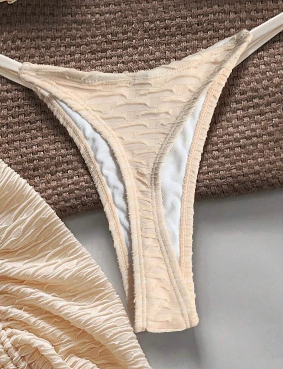 Bikini Set 3 Piezas Beie Strapless Con Estrella De Mar Y Falda Texturizada-4
