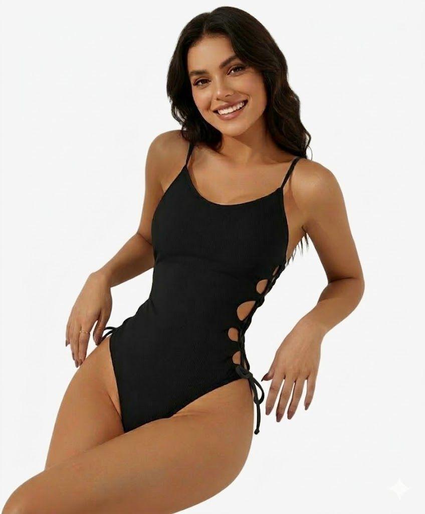 Traje de Baño Entero Acanalado Negro Detalle Lateral Tejido Ajustable-0