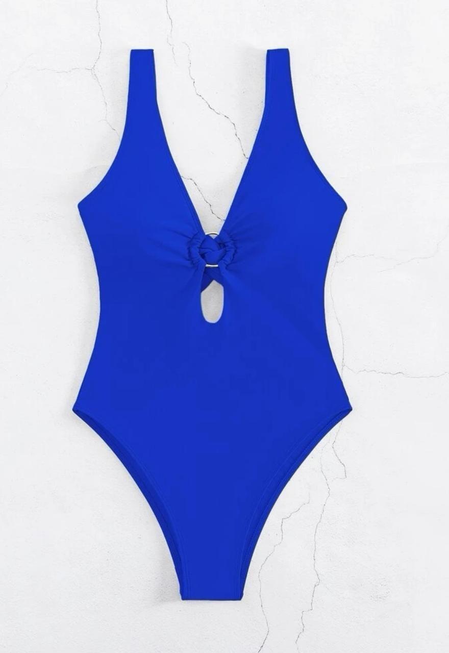 Traje de Baño de Una Pieza Azul Real Escote en V y Detalle de Aro-3
